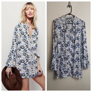 Free People blue floral bell sleeve boho mini dress